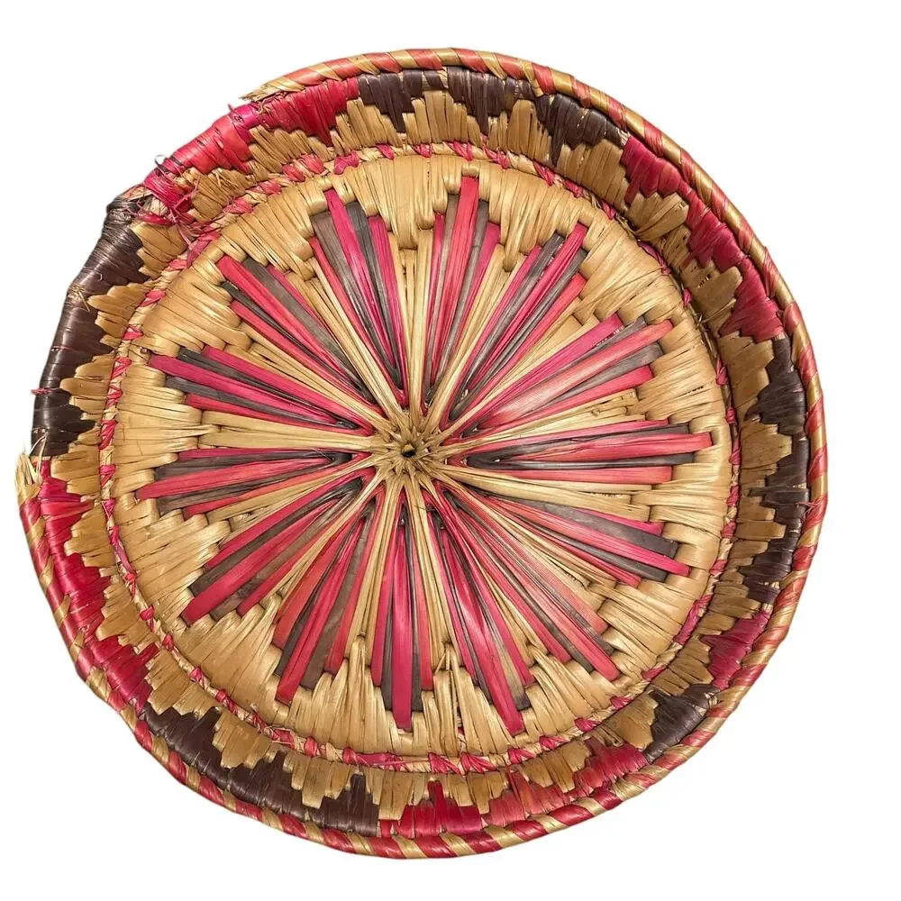 Vintage Woven Raffia Basket Boho Wall Hanging Straw Colorful Round FLAW READ